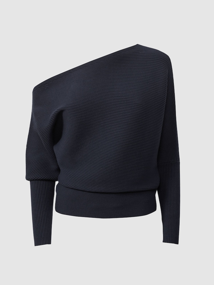 Reiss Navy Lorna Asymmetric Draped Knitted Jumper - Image 2 of 5