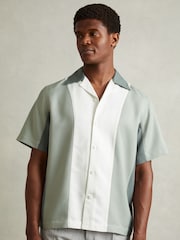 Reiss Green Multi Dalorian Colourblock Cuban Collar Shirt - Image 1 of 6