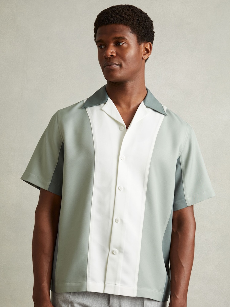 Reiss Green Multi Dalorian Colourblock Cuban Collar Shirt - Image 1 of 6