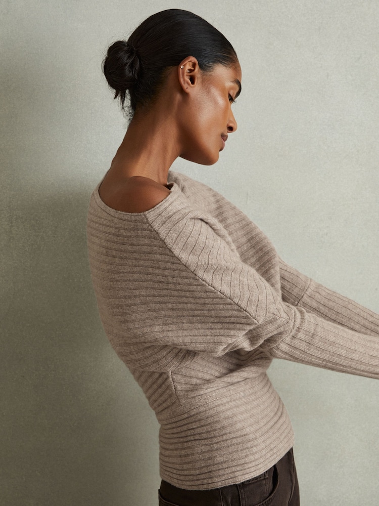 Reiss Neutral Nelly Wool-Cashmere Off-The-Shoulder Draped Jumper - Image 1 of 6