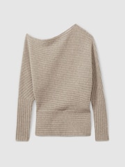 Reiss Neutral Nelly Wool-Cashmere Off-The-Shoulder Draped Jumper - Image 2 of 6