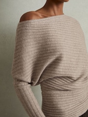 Reiss Neutral Nelly Wool-Cashmere Off-The-Shoulder Draped Jumper - Image 4 of 6