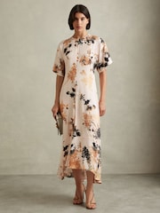 Reiss Pale Pink Chrissy Floral Print Midi Dress - Image 1 of 5