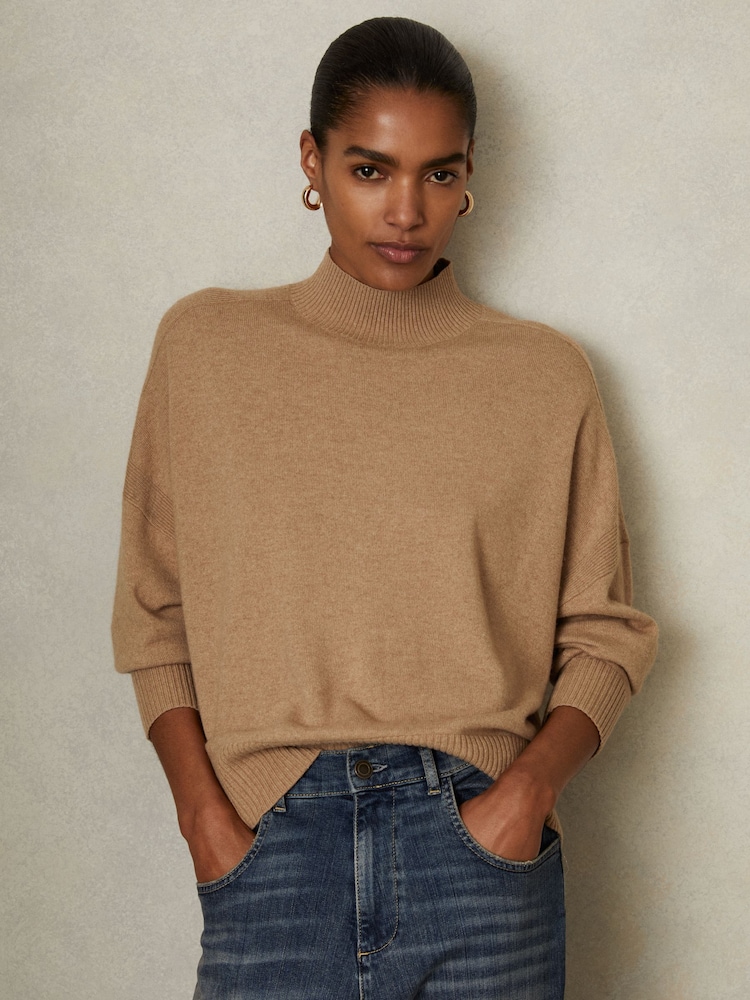 Reiss Camel Alicia Wool Blend Funnel Neck Jumper - Image 1 of 5