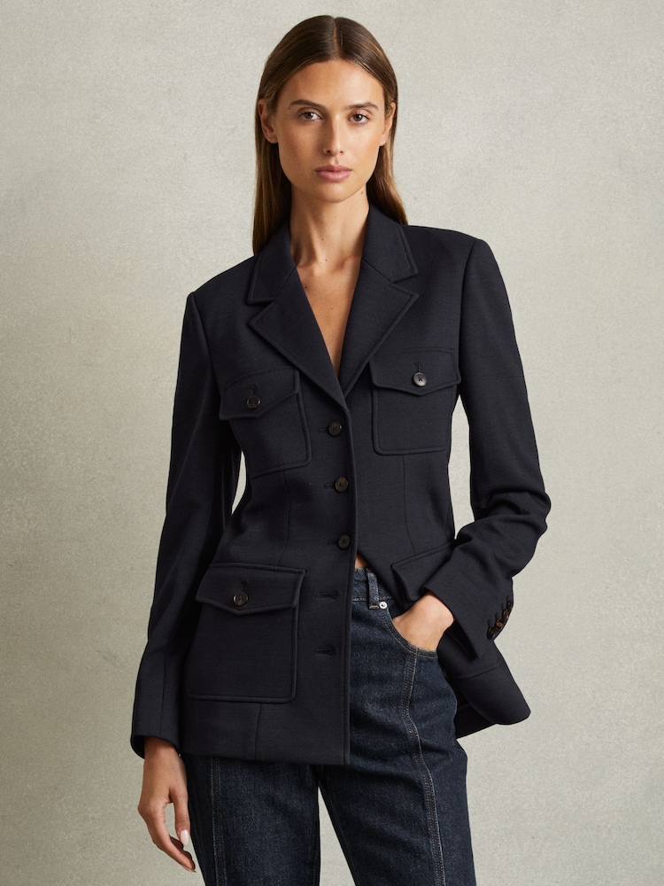 Reiss Navy Jessie Ponte Button-Through Overshirt - Image 1 of 6