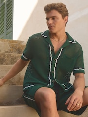 Reiss Dark Green Lucca Ché Crochet Contrast Trim Cuban Collar Shirt - Image 1 of 5