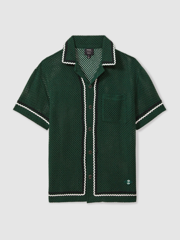 Reiss Dark Green Lucca Ché Crochet Contrast Trim Cuban Collar Shirt - Image 2 of 5
