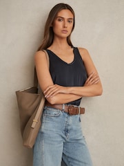 Reiss Taupe Vigo Grained Leather Tote Bag - Image 2 of 5