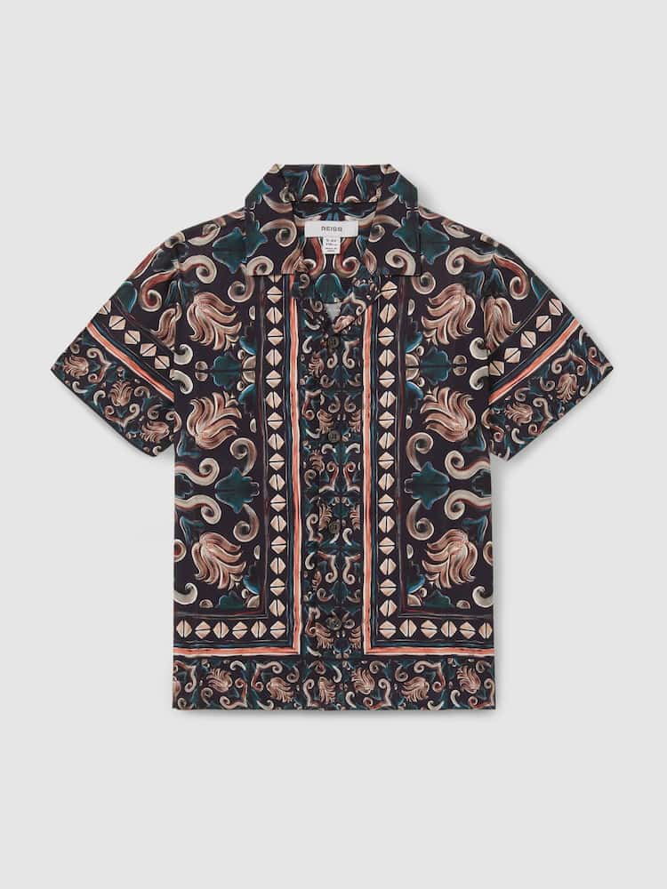 Reiss Dark Teal Finn 9-13 yrs Ornamental Print Cuban Collar Shirt - Image 1 of 3 Reiss Dark Teal Finn 9-13 yrs Ornamental Print Cuban Collar Shirt - Image 1 of 3
