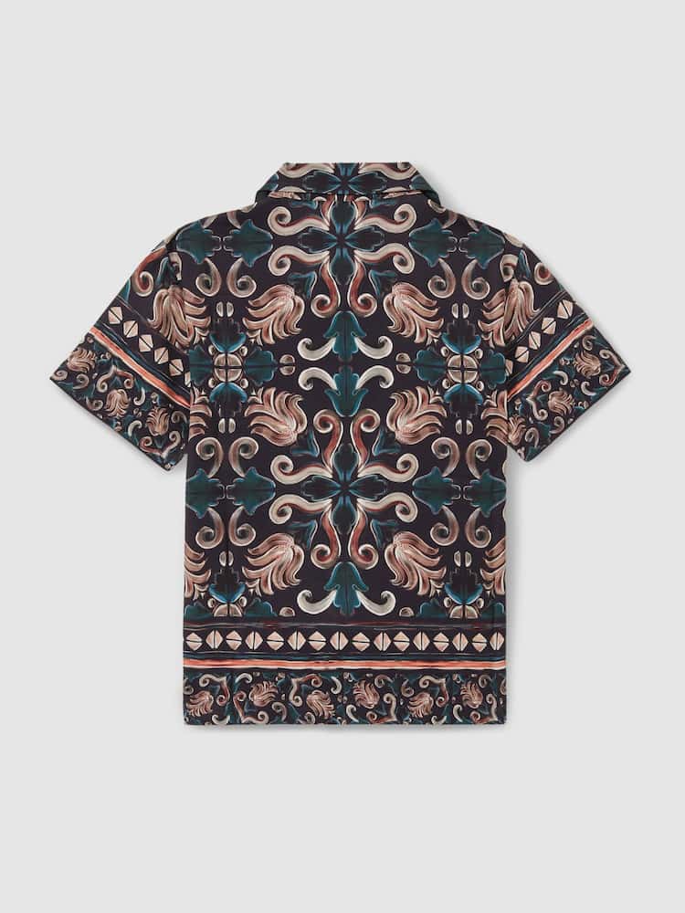 Reiss Dark Teal Finn 9-13 yrs Ornamental Print Cuban Collar Shirt - Image 2 of 3 Reiss Dark Teal Finn 9-13 yrs Ornamental Print Cuban Collar Shirt - Image 2 of 3