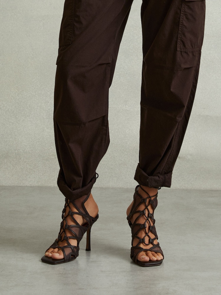 Reiss Chocolate Kimberly Mesh Leather Strappy Heels - Image 2 of 5