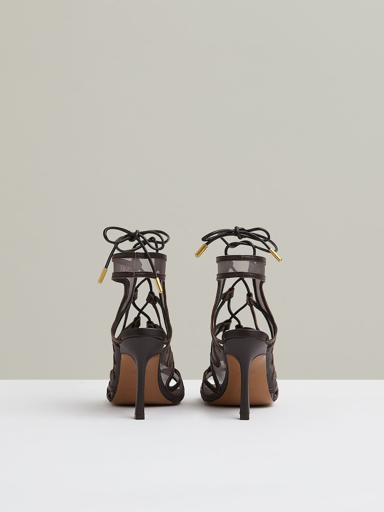 Reiss Chocolate Kimberly Mesh Leather Strappy Heels - Image 5 of 5