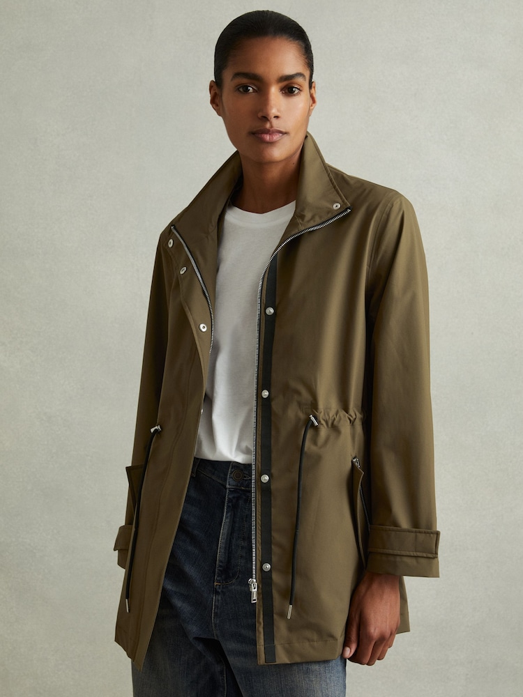 Reiss Khaki Tia Removable Hooded Insert Water Repellent Raincoat - Image 1 of 7