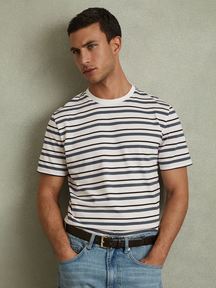 Reiss White/Airforce Blue Bonne Mercerised Cotton Striped Crew Neck T-Shirt - Image 1 of 5