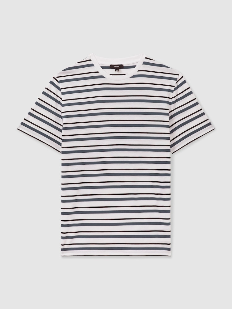 Reiss White/Airforce Blue Bonne Mercerised Cotton Striped Crew Neck T-Shirt - Image 2 of 5