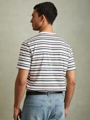 Reiss White/Airforce Blue Bonne Mercerised Cotton Striped Crew Neck T-Shirt - Image 4 of 5
