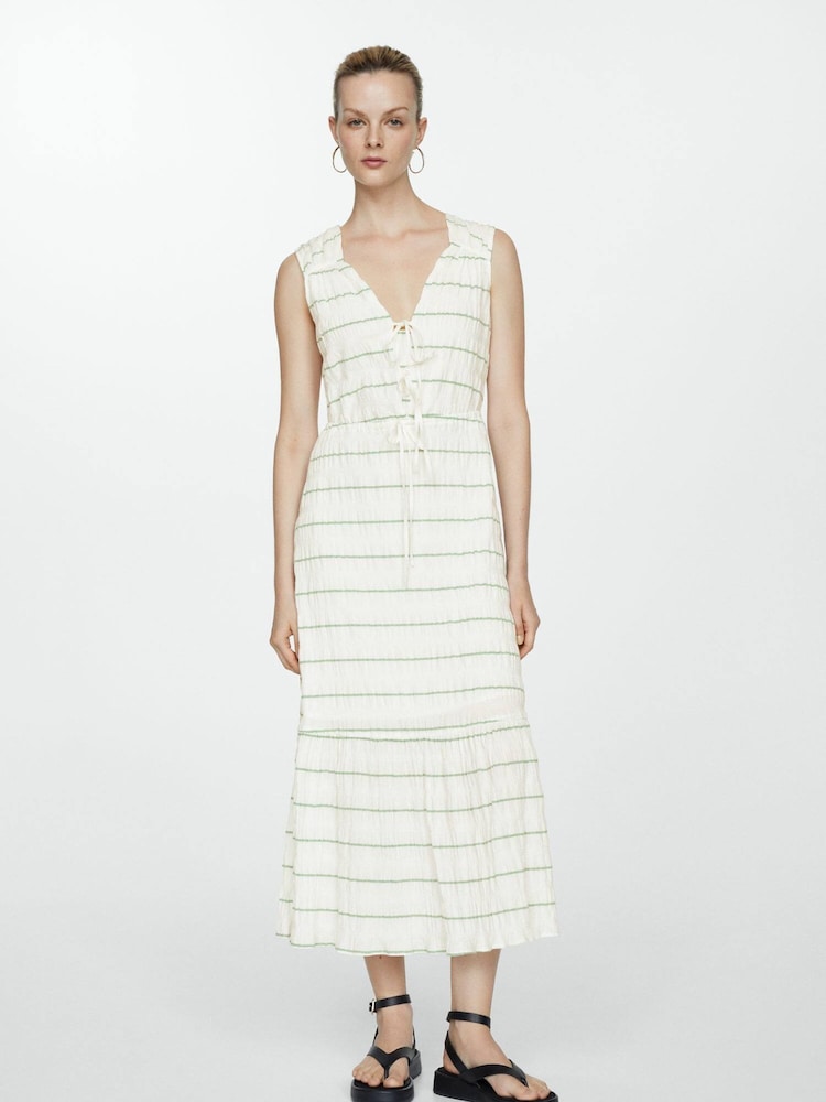 Mango Cream Bow Striped Dress - Image 1 of 4