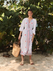 Boden White Embroidered Belted Linen Dress - Image 1 of 6