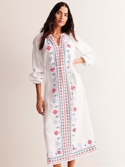 Boden White Embroidered Belted Linen Dress - Image 2 of 6