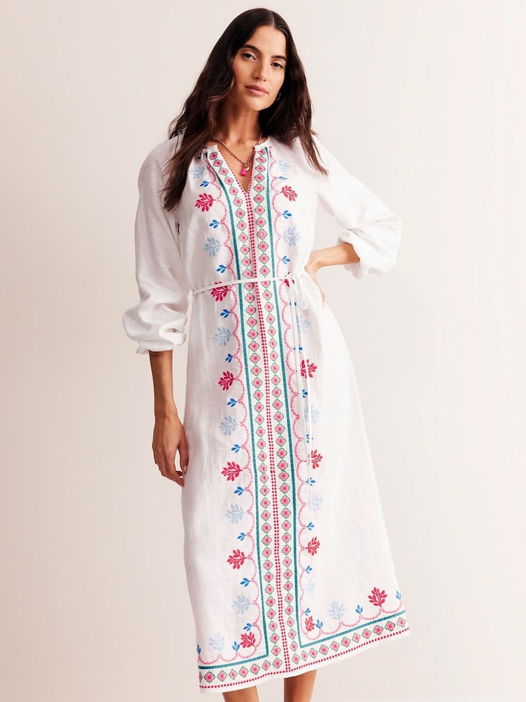 Boden White Embroidered Belted Linen Dress - Image 2 of 6