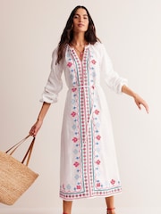 Boden White Embroidered Belted Linen Dress - Image 3 of 6