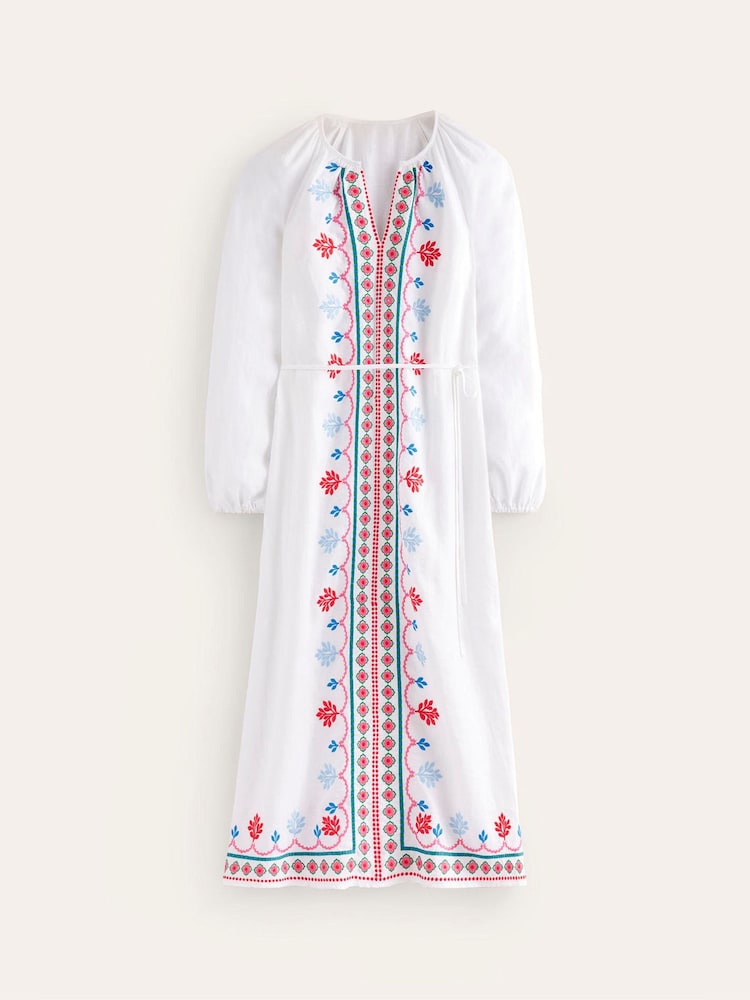Boden White Embroidered Belted Linen Dress - Image 6 of 6