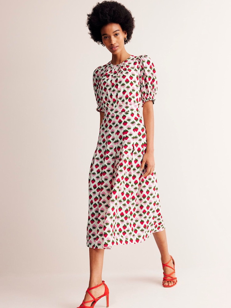 Boden Cream Liv Pleat Detail Midi Dress - Image 1 of 5