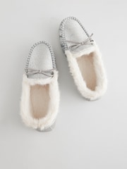Silver Faux Fur Lined Moccasin Slippers - Image 3 of 5
