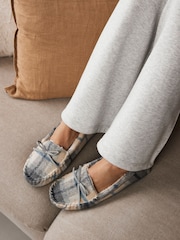 Blue/Ecru Check Mocassin Slippers - Image 1 of 9