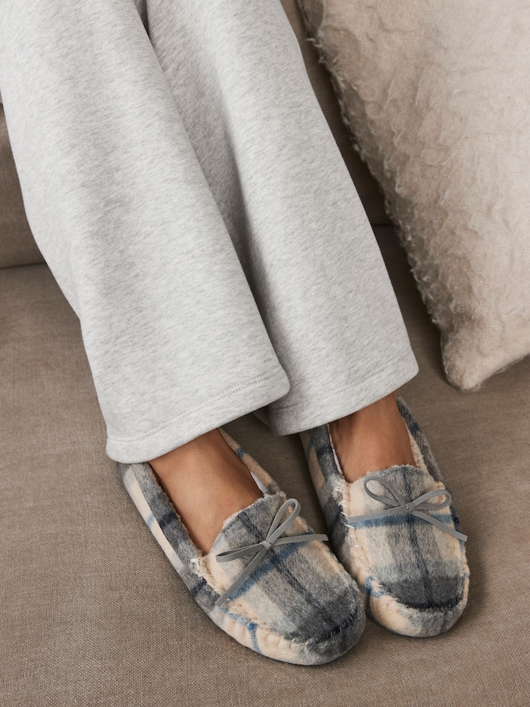 Blue/Ecru Check Mocassin Slippers - Image 2 of 9