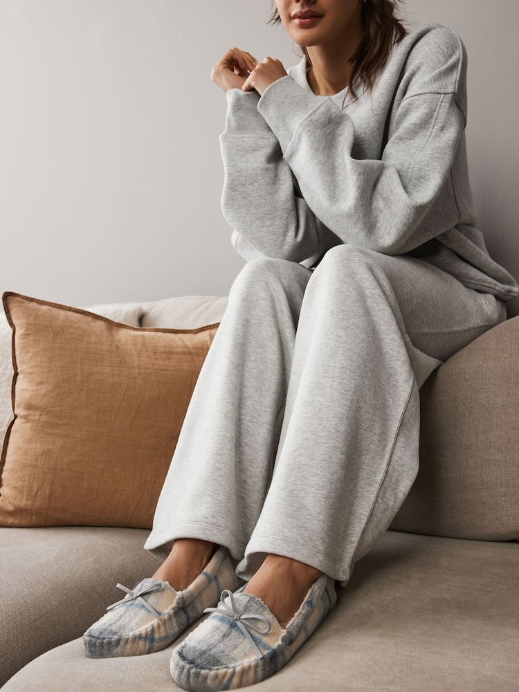 Blue/Ecru Check Mocassin Slippers - Image 4 of 9
