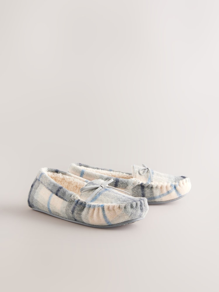 Blue/Ecru Check Mocassin Slippers - Image 5 of 9