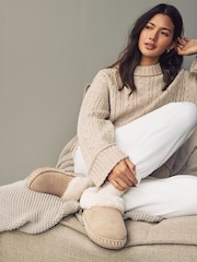 Tan Brown Faux Fur Lined Shoot Slippers - Image 2 of 9