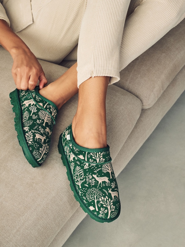 Green Woodland Faux Fur Lined Suede Shoot Slippers - Image 1 of 8