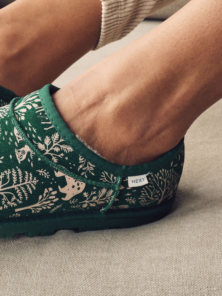 Green Woodland Faux Fur Lined Suede Shoot Slippers - Image 2 of 8