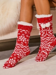 Lipsy Red Fairisle Cosy Knitted Slipper Socks - Image 1 of 4