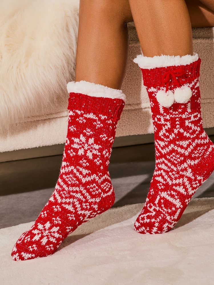 Lipsy Red Fairisle Cosy Knitted Slipper Socks - Image 1 of 4