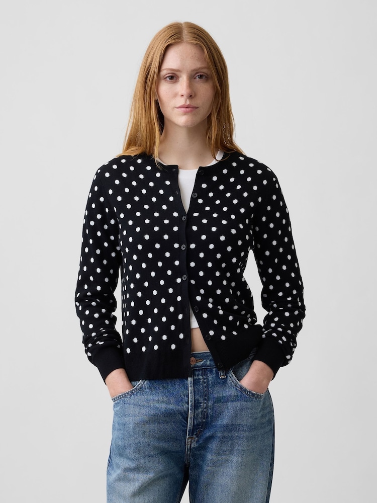 Gap Black Polka Dot Crew Neck Cardigan - Image 1 of 5 Gap Black Polka Dot Crew Neck Cardigan - Image 1 of 5