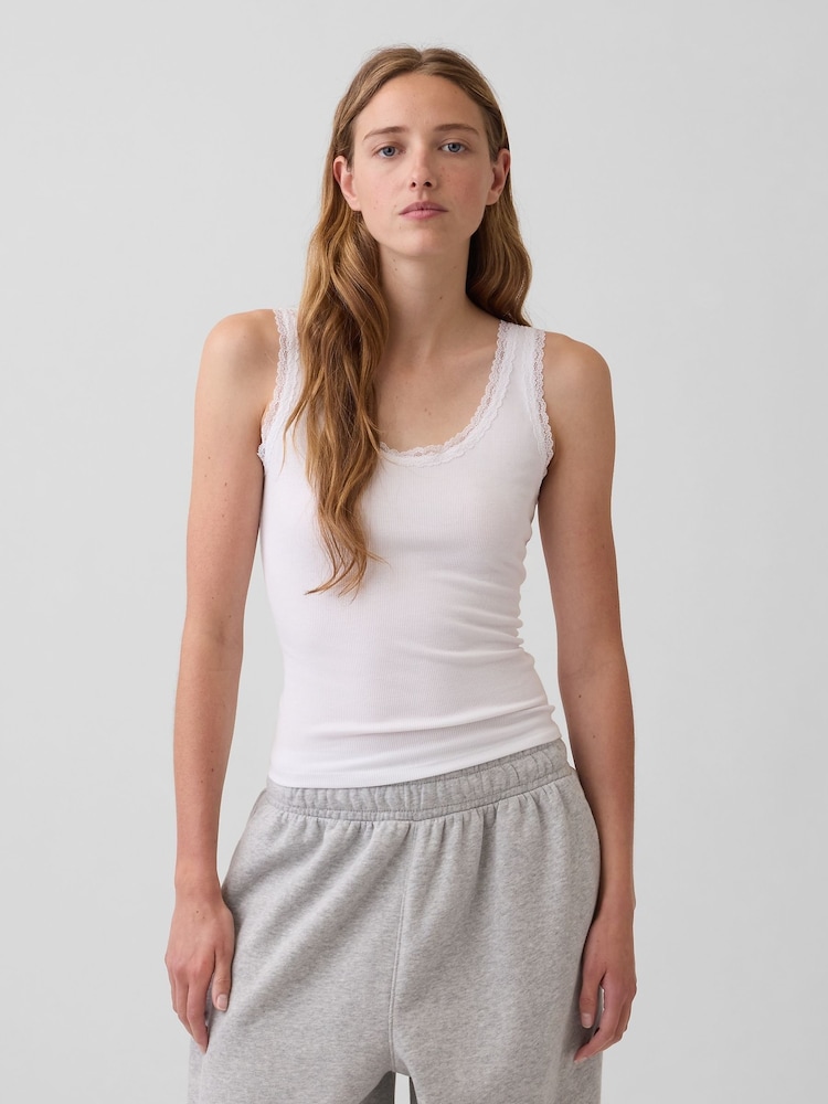 Gap White Mini Rib Lace-Trim Pyjamas Vest - Image 1 of 4 Gap White Mini Rib Lace-Trim Pyjamas Vest - Image 1 of 4