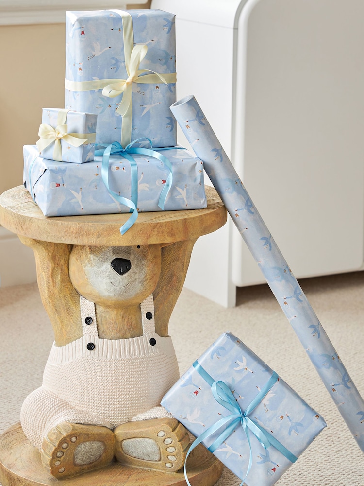 Blue Baby Boy Stork 10 Metre Wrapping Paper - Image 1 of 4 Blue Baby Boy Stork 10 Metre Wrapping Paper - Image 1 of 4