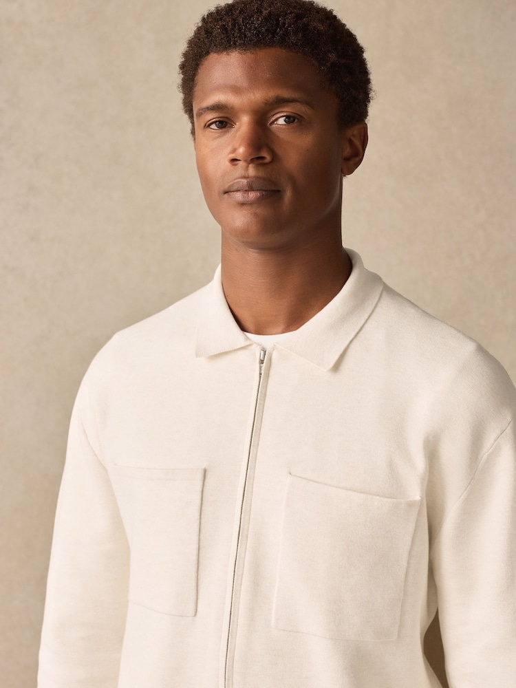Ecru White Regular Fit Soft Touch Knit Zip-Through Twin Pocket Shacket - Image 1 of 7