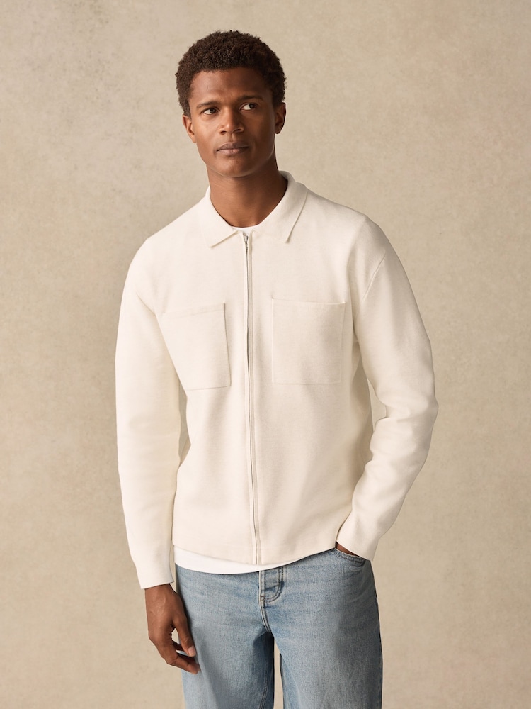 Ecru White Regular Fit Soft Touch Knit Zip-Through Twin Pocket Shacket - Image 2 of 7
