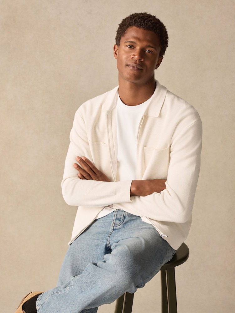 Ecru White Regular Fit Soft Touch Knit Zip-Through Twin Pocket Shacket - Image 4 of 7