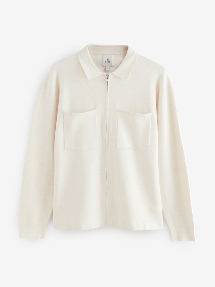 Ecru White Regular Fit Soft Touch Knit Zip-Through Twin Pocket Shacket - Image 5 of 7