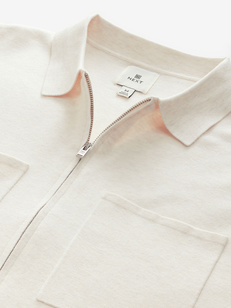 Ecru White Regular Fit Soft Touch Knit Zip-Through Twin Pocket Shacket - Image 6 of 7