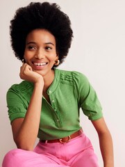 Boden Green 100% Cotton Pintuck Puff Sleeve Henley Top - Image 1 of 5
