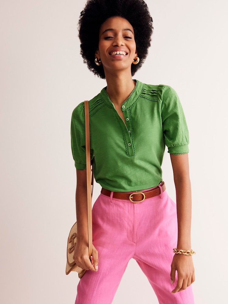 Boden Green 100% Cotton Pintuck Puff Sleeve Henley Top - Image 2 of 5 Boden Green 100% Cotton Pintuck Puff Sleeve Henley Top - Image 2 of 5