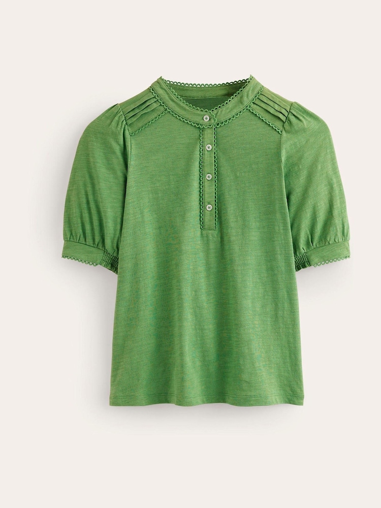 Boden Green 100% Cotton Pintuck Puff Sleeve Henley Top - Image 5 of 5