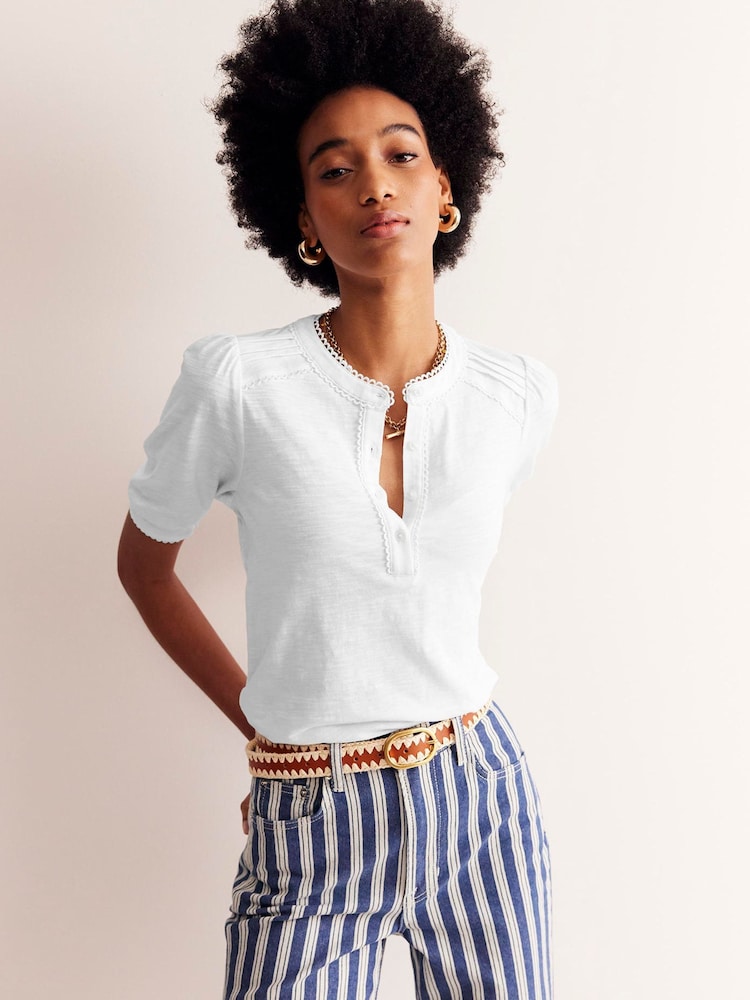 Boden White 100% Cotton Pintuck Puff Sleeve Henley Top - Image 1 of 5 Boden White 100% Cotton Pintuck Puff Sleeve Henley Top - Image 1 of 5