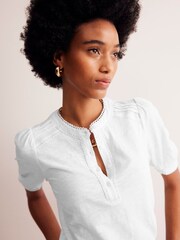 Boden White 100% Cotton Pintuck Puff Sleeve Henley Top - Image 2 of 5